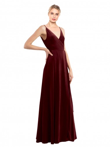 Compre Borgoña línea A Cuello en V Terciopelo Elástico Largo Formales Vestidos de dama de honor / Vestidos de fiesta