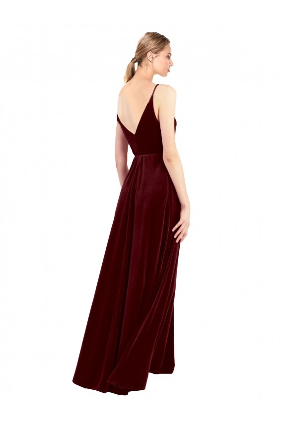 Compre Borgoña línea A Cuello en V Terciopelo Elástico Largo Formales Vestidos de dama de honor / Vestidos de fiesta