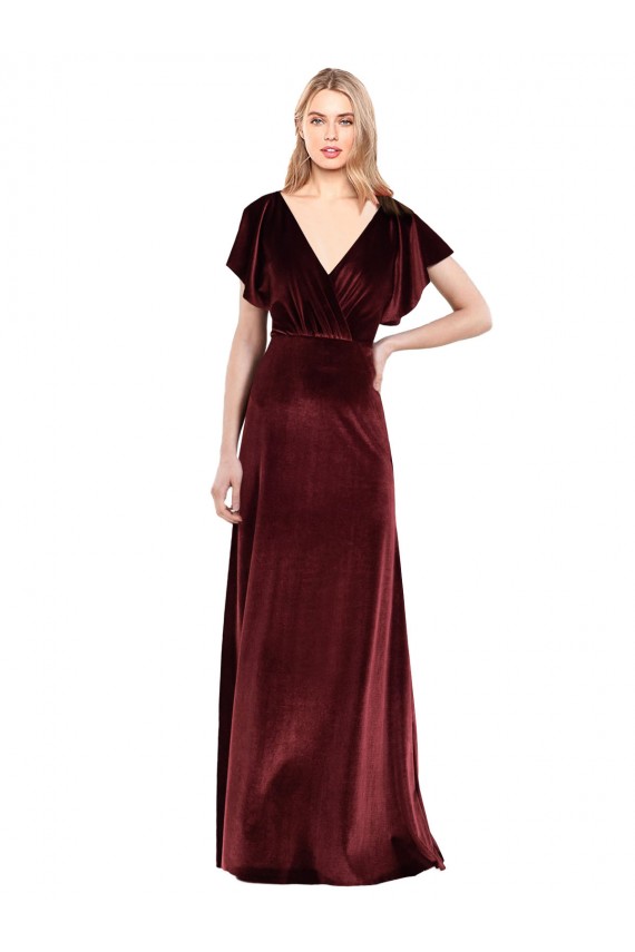 Compre Borgoña línea A Cuello en V Terciopelo Elástico Largo Vestidos de dama de honor / Vestidos de fiesta