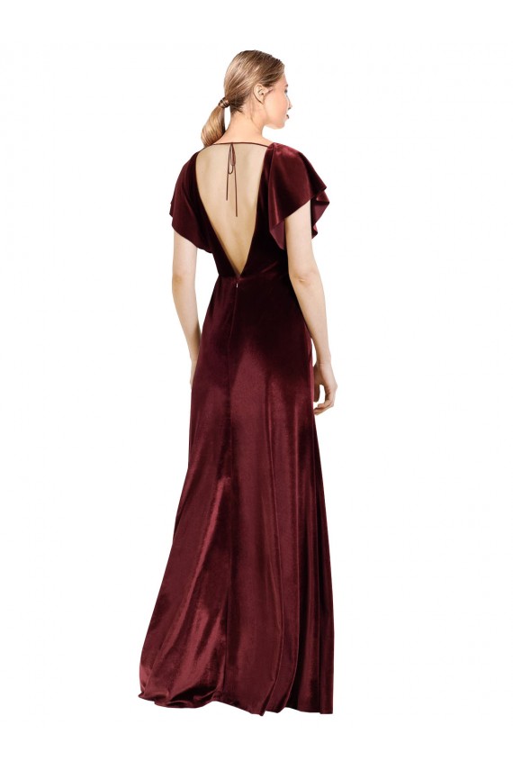 Compre Borgoña línea A Cuello en V Terciopelo Elástico Largo Vestidos de dama de honor / Vestidos de fiesta