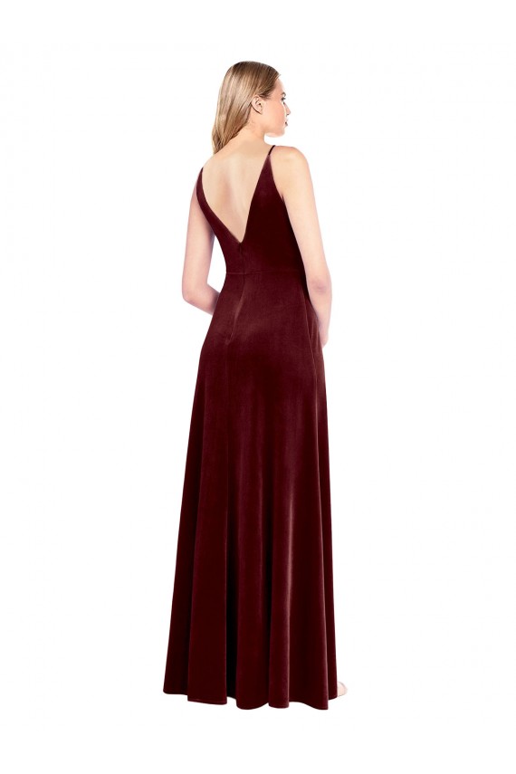 Compre Borgoña línea A Cuello en V Terciopelo Elástico Largo Vestidos de dama de honor / Vestidos de fiesta
