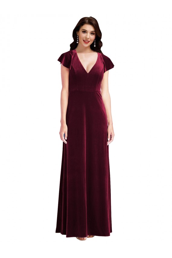 Compre Borgoña línea A Cuello en V Terciopelo Elástico Largo Vestidos de dama de honor / Vestidos de fiesta