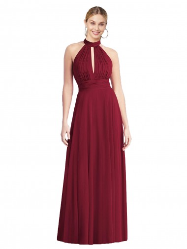 Compre Borgoña línea A Halter Cuello Alto Gasa Largo Vestidos de dama de honor