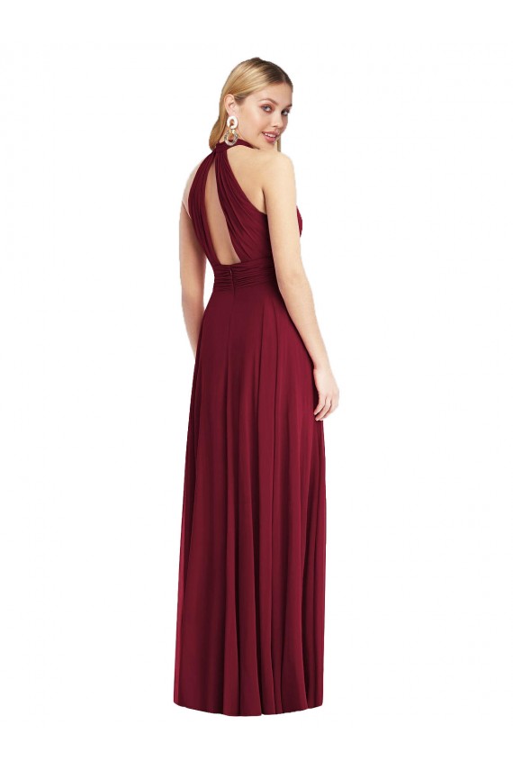 Compre Borgoña línea A Halter Cuello Alto Gasa Largo Vestidos de dama de honor