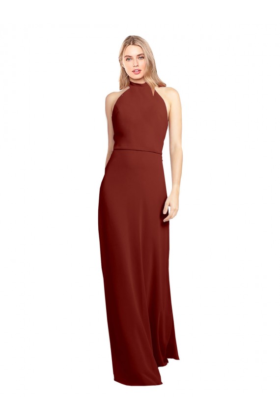 Compre Borgoña línea A Halter Cuello Alto Gasa Largo Vestidos de dama de honor / Vestidos de fiesta