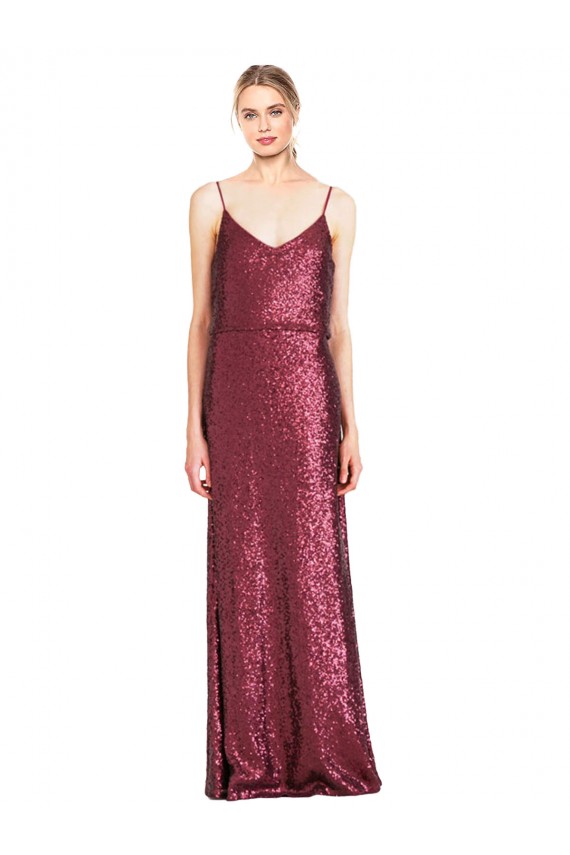 Compre Borgoña línea A Halter Cuello Alto Lentejuela Largo Formales Vestidos de dama de honor / Vestidos de fiesta