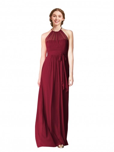 Compre Borgoña línea A Halter Gasa Largo Vestidos de dama de honor