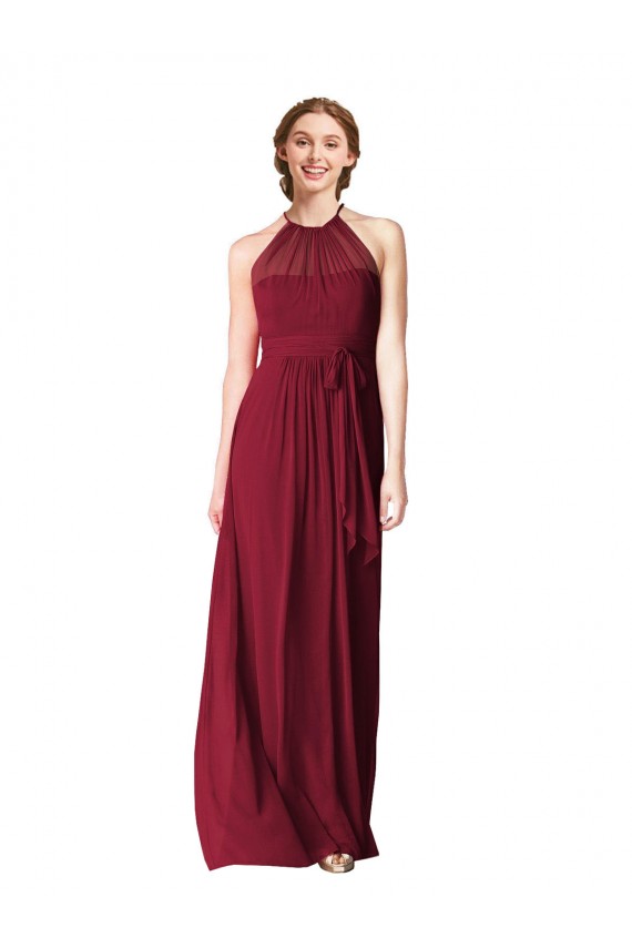 Compre Borgoña línea A Halter Gasa Largo Vestidos de dama de honor