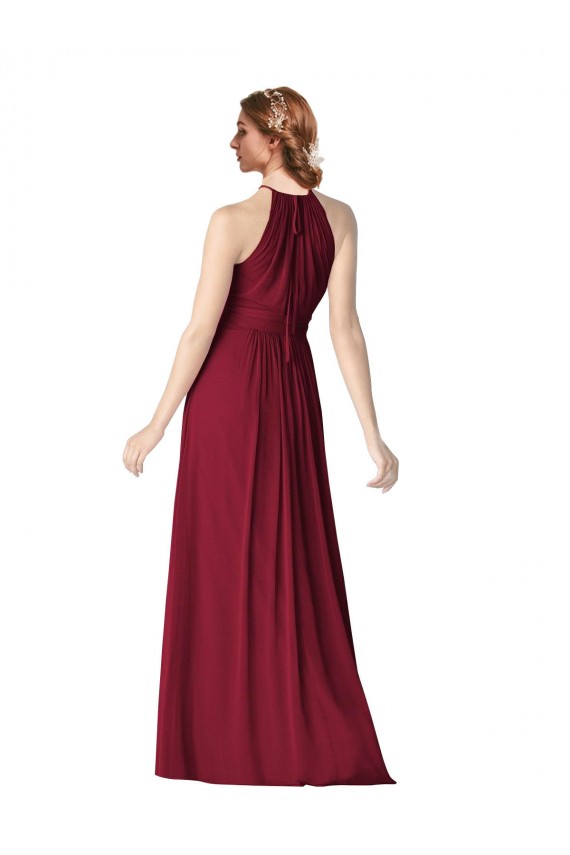 Compre Borgoña línea A Halter Gasa Largo Vestidos de dama de honor