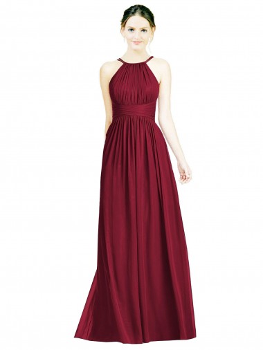 Compre Borgoña línea A Halter Gasa Largo Vestidos de dama de honor