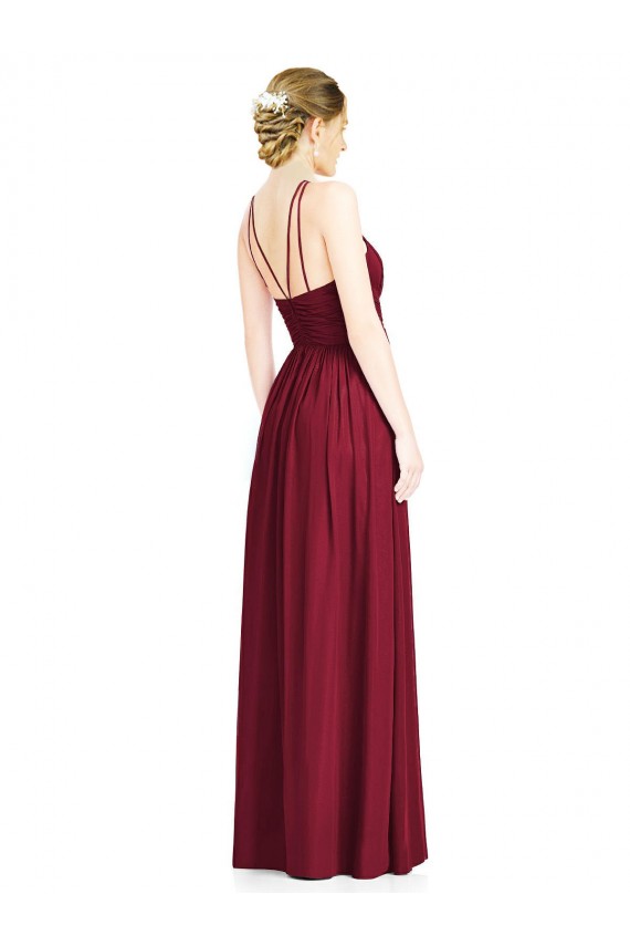 Compre Borgoña línea A Halter Gasa Largo Vestidos de dama de honor
