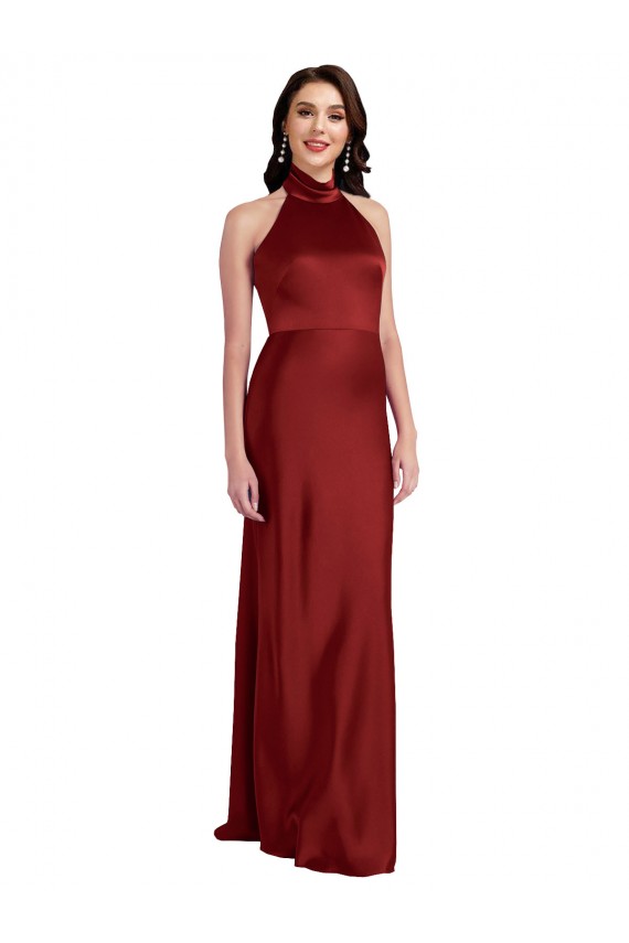 Compre Borgoña línea A Halter Satén elástico Largo Formales Vestidos de dama de honor / Vestidos de fiesta