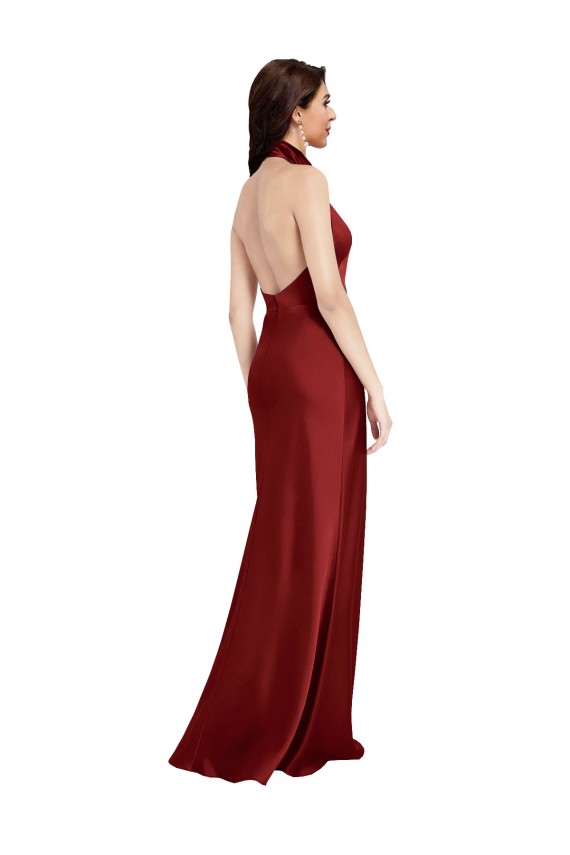 Compre Borgoña línea A Halter Satén elástico Largo Formales Vestidos de dama de honor / Vestidos de fiesta