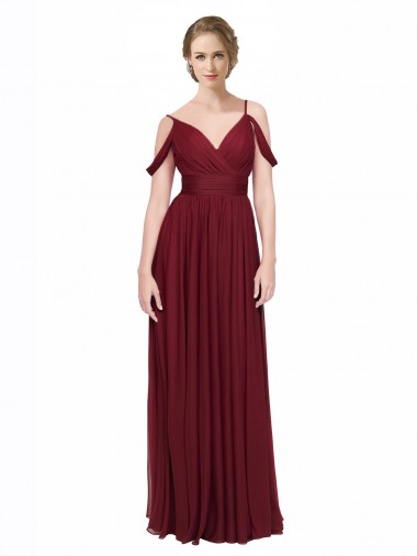 Compre Borgoña línea A Hombros Descubiertos Tirantes espagueti Gasa Largo Vestidos de dama de honor