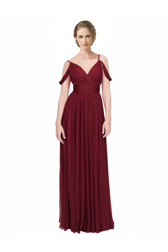 Compre Borgoña línea A Hombros Descubiertos Tirantes espagueti Gasa Largo Vestidos de dama de honor