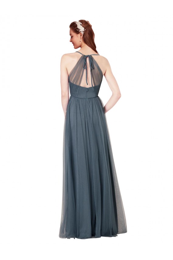 Compre Borgoña línea A Tirantes espagueti Cuello en V Cuello de Corazón Tul Largo Vestidos de dama de honor
