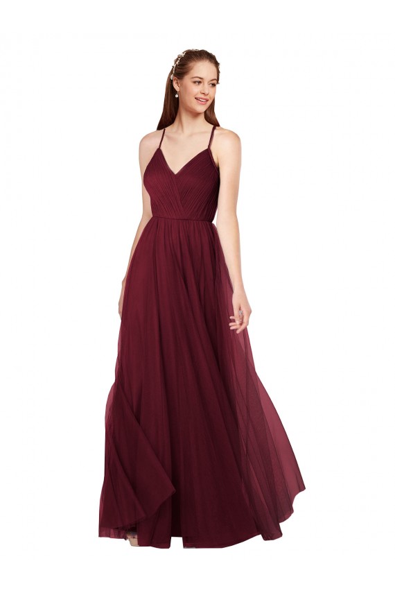 Compre Borgoña línea A Tirantes espagueti Cuello en V Cuello de Corazón Tul Largo Vestidos de dama de honor