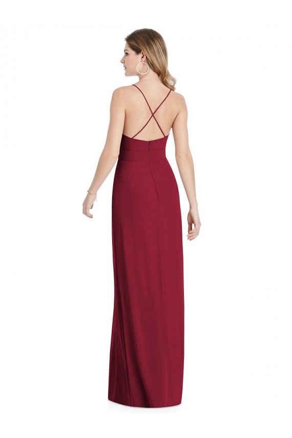 Compre Borgoña línea A Tirantes espagueti Cuello en V Gasa Largo Vestidos de dama de honor