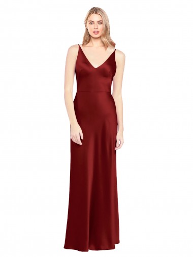 Compre Borgoña línea A Tirantes espagueti Cuello en V Satén elástico Largo Formales Vestidos de dama de honor / Vestidos de fiesta