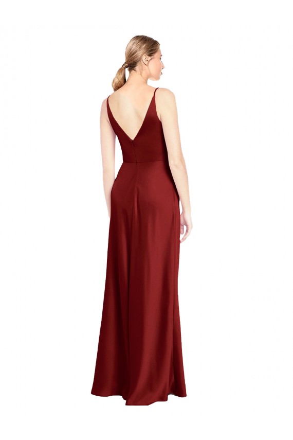 Compre Borgoña línea A Tirantes espagueti Cuello en V Satén elástico Largo Formales Vestidos de dama de honor / Vestidos de fiesta