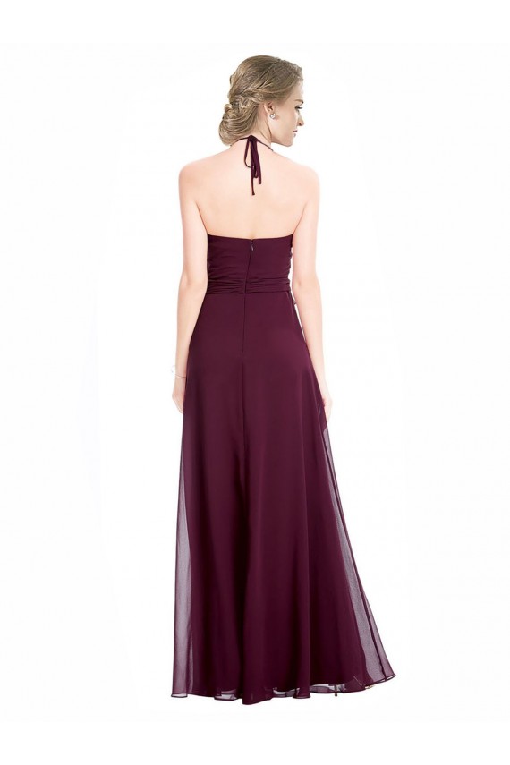 Compre Borgoña línea A Tirantes espagueti Halter Gasa Largo Vestidos de dama de honor