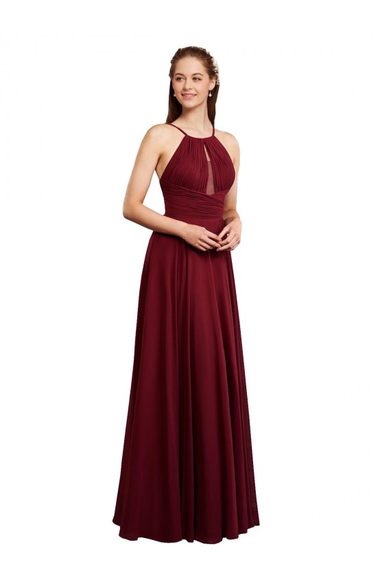 Compre Borgoña línea A Tirantes espagueti Halter Gasa Largo Vestidos de dama de honor