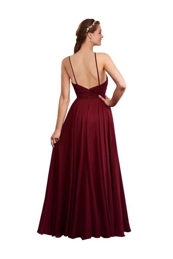 Compre Borgoña línea A Tirantes espagueti Halter Gasa Largo Vestidos de dama de honor