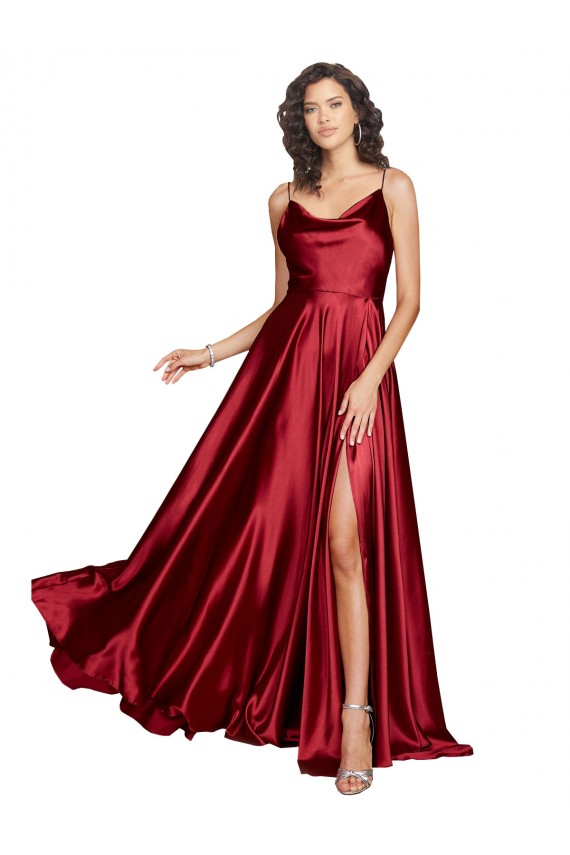 Compre Borgoña línea A Tirantes espagueti Satén sedoso Largo Formales Vestidos de dama de honor / Vestidos de fiesta