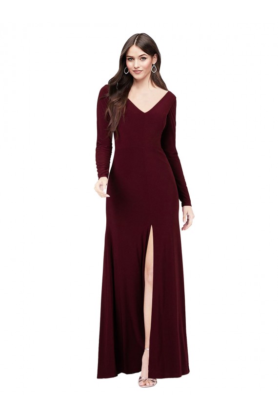 Compre Borgoña oscuro Cubierta Cuello en V Spandex Largo Vestidos de dama de honor / Vestidos de fiesta