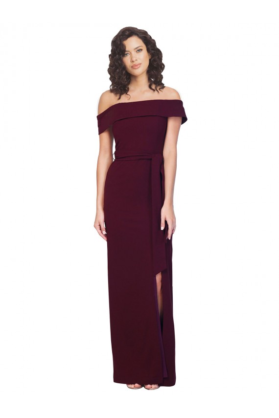 Compre Borgoña oscuro Cubierta Hombros Descubiertos Cuadrado Crepé Elástico Largo Formales Vestidos de dama de honor / Vestidos de fiesta