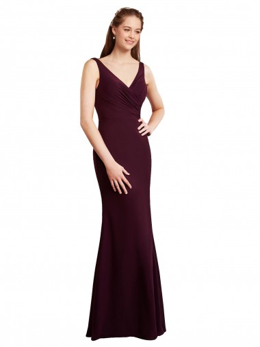 Compre Borgoña oscuro Sirena Cuello en V Gasa Largo Vestidos de dama de honor