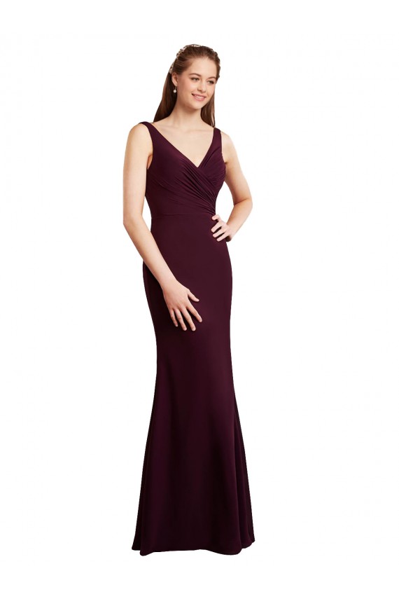 Compre Borgoña oscuro Sirena Cuello en V Gasa Largo Vestidos de dama de honor