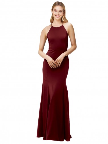 Compre Borgoña oscuro Sirena Halter Cuello Alto Crepé Elástico Largo Formales Vestidos de dama de honor / Vestidos de fiesta