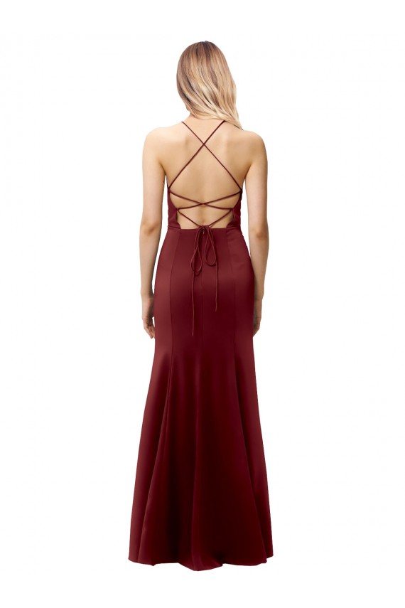 Compre Borgoña oscuro Sirena Halter Cuello Alto Crepé Elástico Largo Formales Vestidos de dama de honor / Vestidos de fiesta