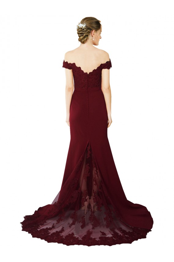 Compre Borgoña oscuro Sirena Hombros Descubiertos Barrer tren Crepé Elástico Encaje Largo Formales Vestidos de dama de honor / Vestidos de fiesta