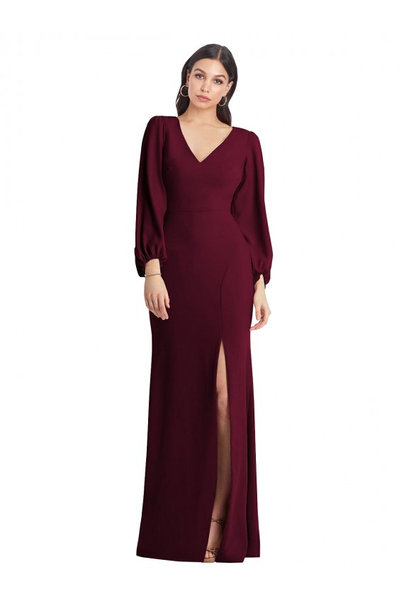 Compre Borgoña oscuro Trompeta Cuello en V Crepé Elástico Largo Vestidos de dama de honor / Vestidos de fiesta