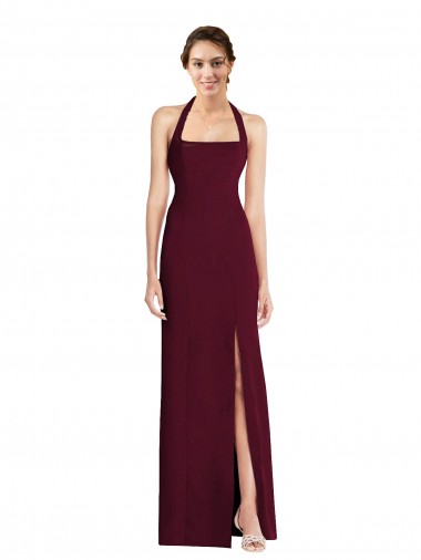 Compre Borgoña oscuro Trompeta Halter Crepé Elástico Largo Vestidos de dama de honor / Vestidos de fiesta