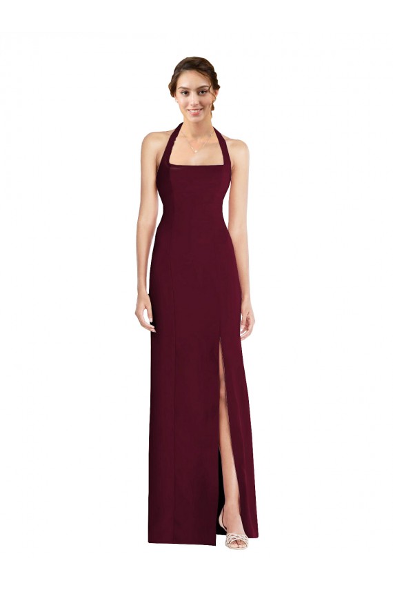 Compre Borgoña oscuro Trompeta Halter Crepé Elástico Largo Vestidos de dama de honor / Vestidos de fiesta