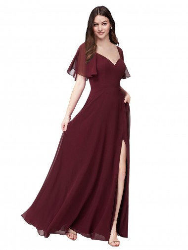 Compre Borgoña oscuro línea A Cuello de Corazón Gasa Largo Vestidos de dama de honor