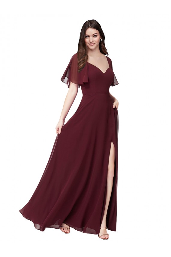 Compre Borgoña oscuro línea A Cuello de Corazón Gasa Largo Vestidos de dama de honor