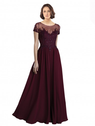 Compre Borgoña oscuro línea A Cuello joya Tul Gasa Largo Vestidos de dama de honor