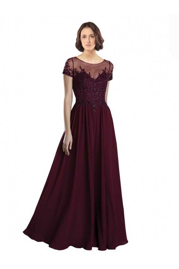 Compre Borgoña oscuro línea A Cuello joya Tul Gasa Largo Vestidos de dama de honor
