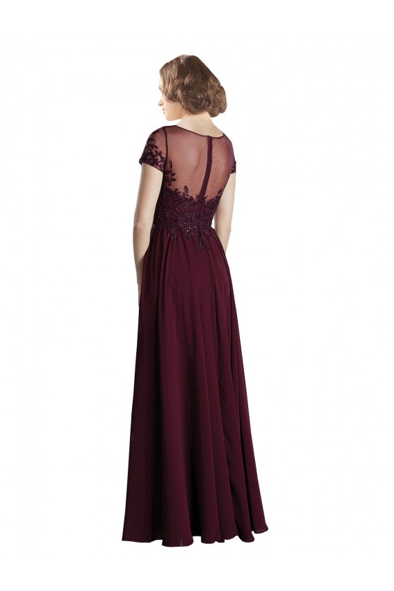 Compre Borgoña oscuro línea A Cuello joya Tul Gasa Largo Vestidos de dama de honor