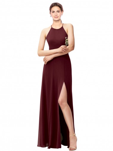 Compre Borgoña oscuro línea A Halter Cuello Alto Gasa Largo Vestidos de dama de honor