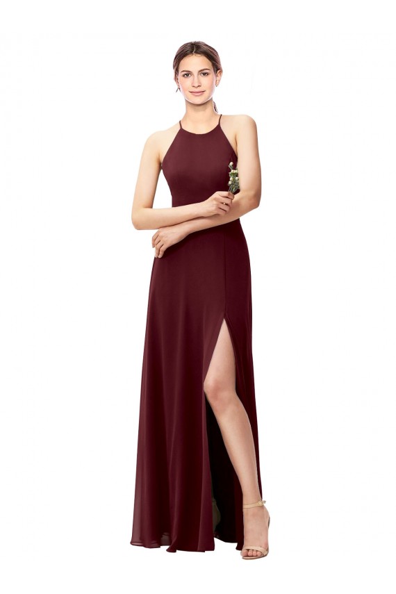 Compre Borgoña oscuro línea A Halter Cuello Alto Gasa Largo Vestidos de dama de honor