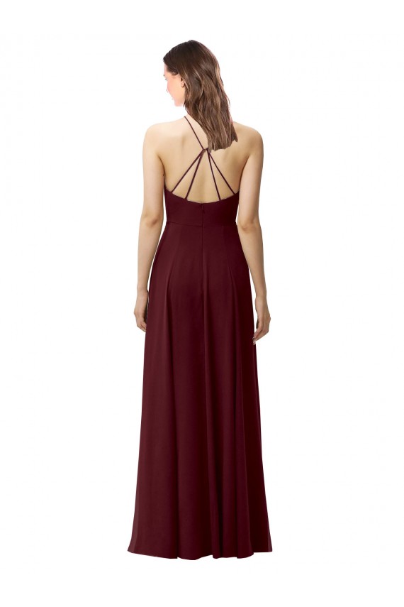 Compre Borgoña oscuro línea A Halter Cuello Alto Gasa Largo Vestidos de dama de honor