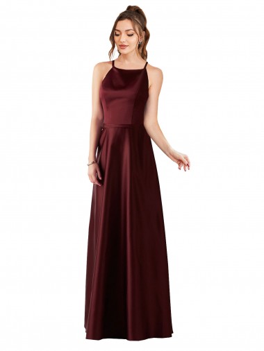 Compre Borgoña oscuro línea A Halter Satén Largo Vestidos de dama de honor / Vestidos de fiesta
