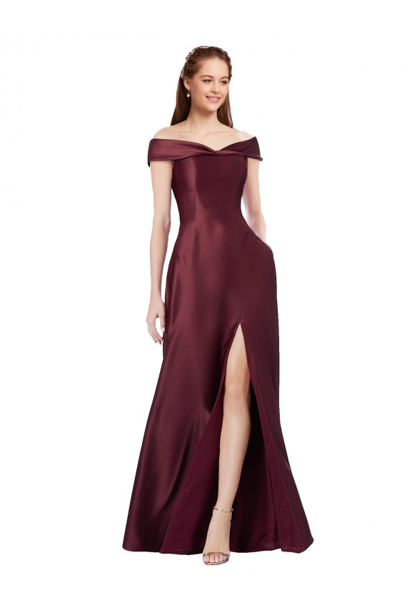 Compre Borgoña oscuro línea A Hombros Descubiertos Sin tirantes Satén Largo Formales Vestidos de dama de honor / Vestidos de fiesta