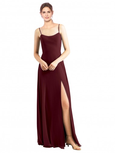 Compre Borgoña oscuro línea A Tirantes espagueti Cucharón Gasa Largo Vestidos de dama de honor