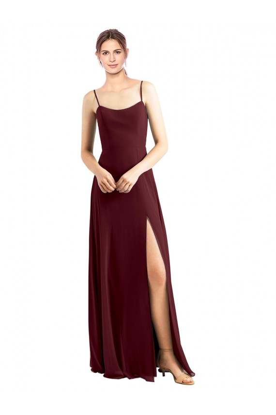 Compre Borgoña oscuro línea A Tirantes espagueti Cucharón Gasa Largo Vestidos de dama de honor